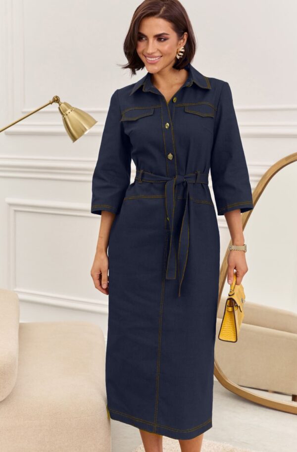 Повсякденна джинсова сукня-сорочка темно-синя | 95549