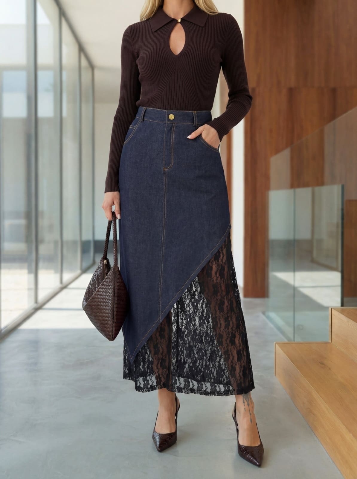 Джинсова спідниця з мереживом темно-синя | 95328 Джинсова спідниця з мереживом темно-синя | 95328