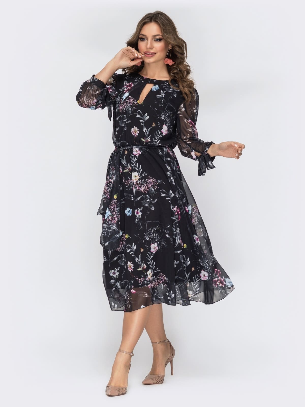 Шифонова розкльошена чорна сукня в принт | 94926 Шифонова розкльошена чорна сукня в принт | 94926