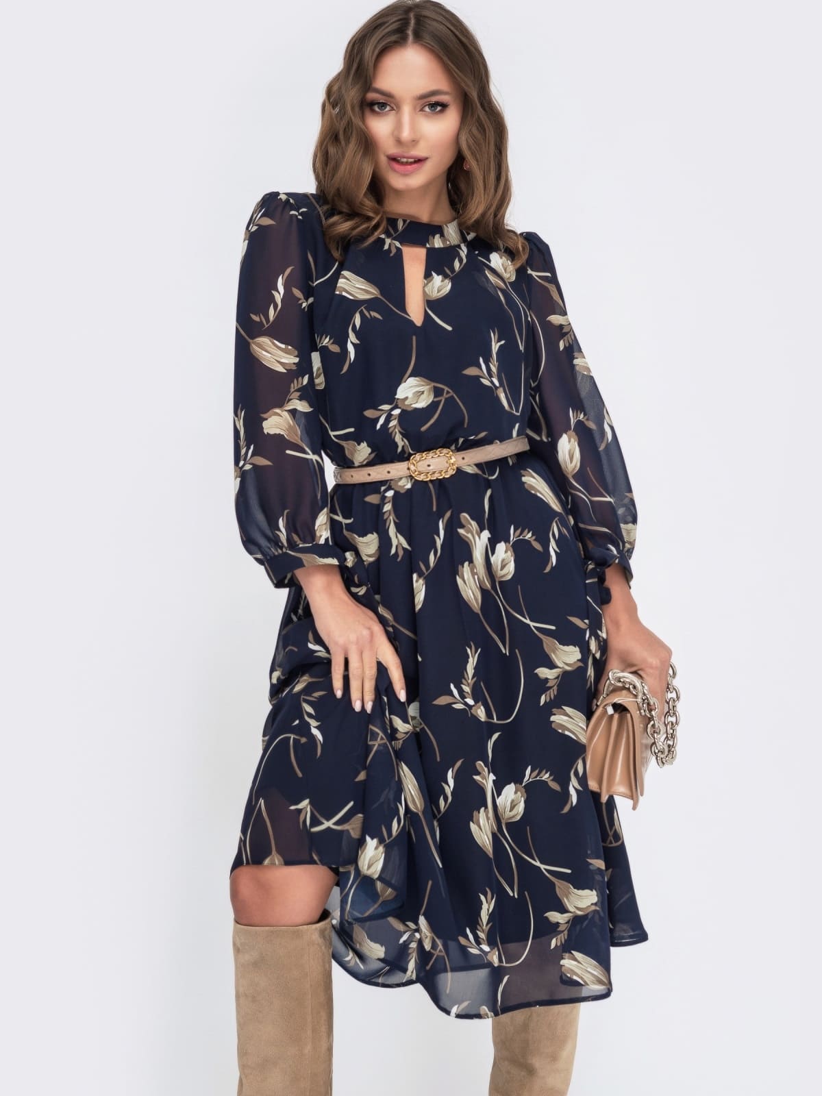 Шифонова розкльошена сукня темно-синя в принт | 94963 Шифонова розкльошена сукня темно-синя в принт | 94963