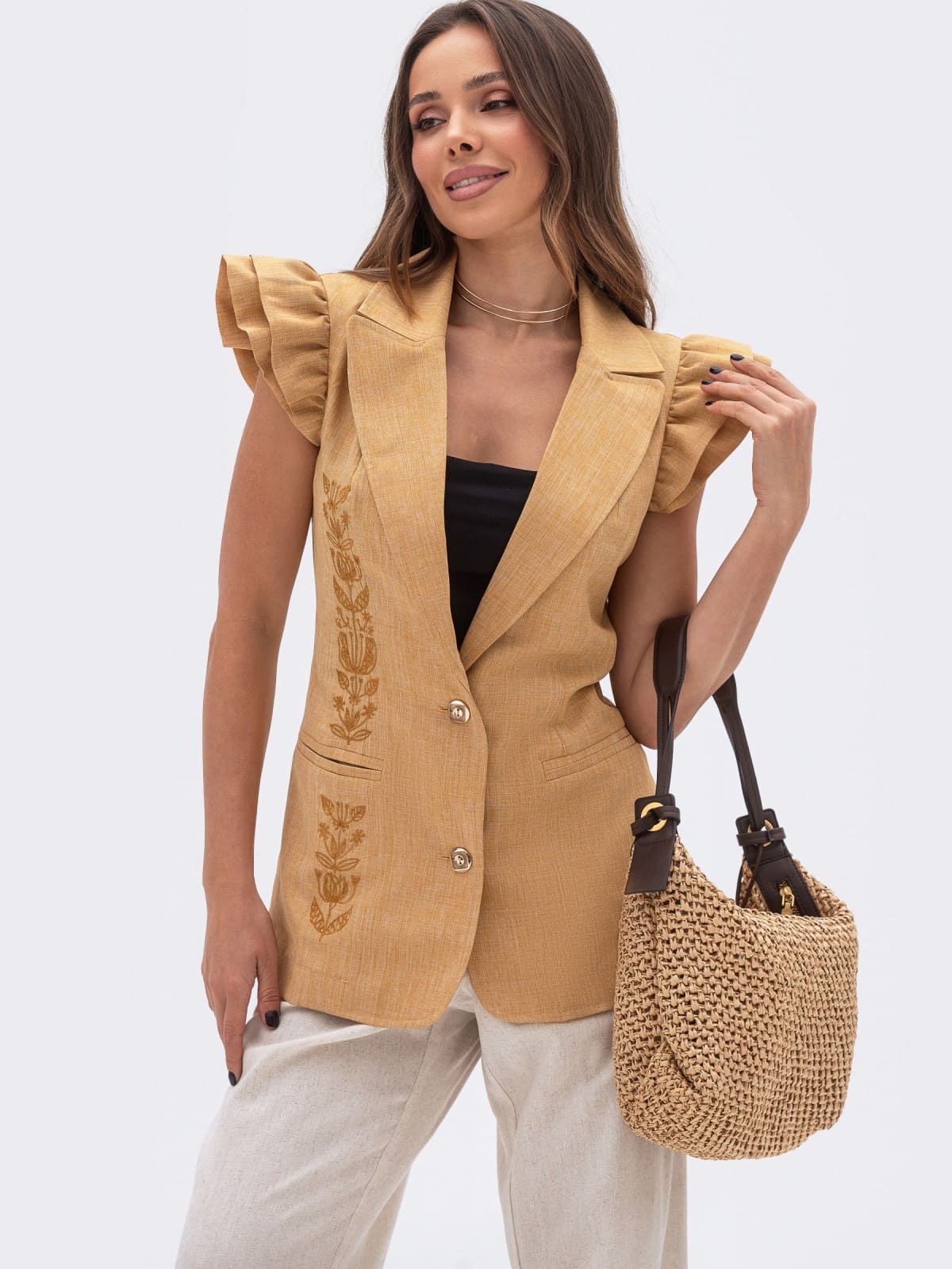 Жилет з габардину з вишивкою бежевий | 94889 Жилет з габардину з вишивкою бежевий | 94889