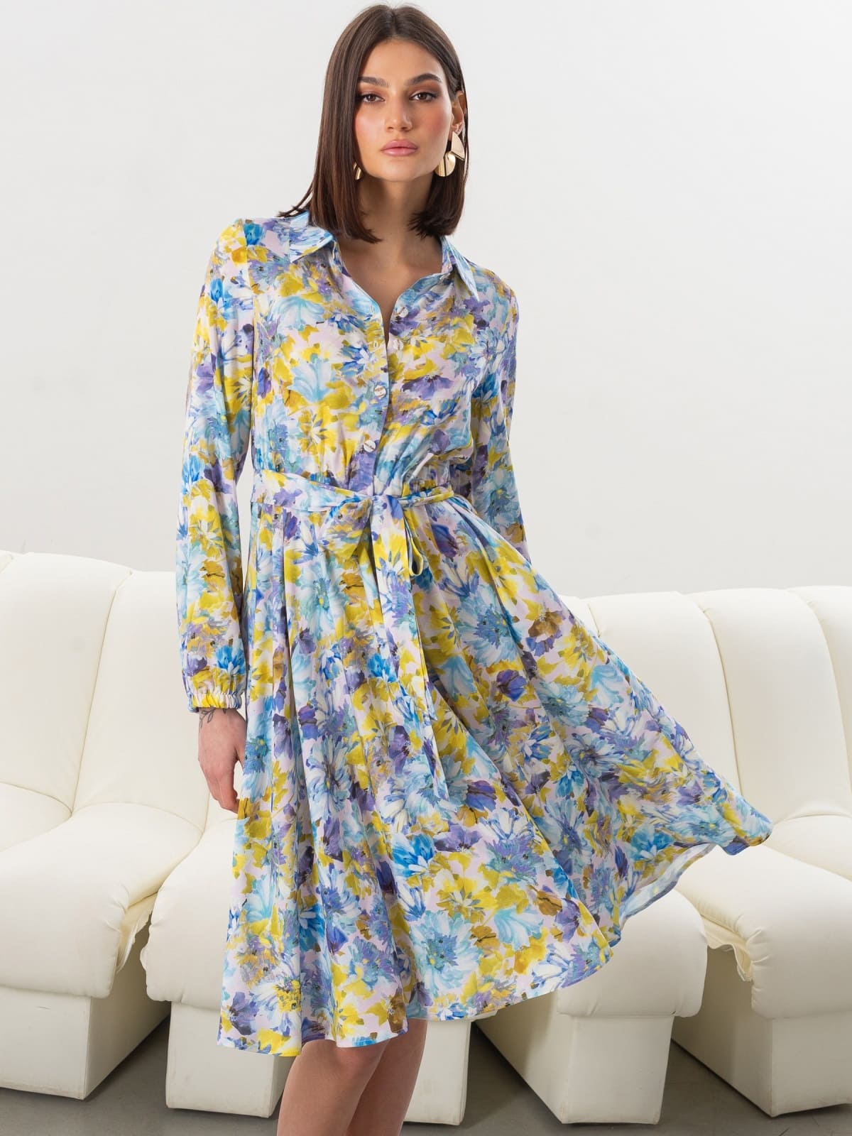 Блакитна сукня кльош з квітковим принтом | 95188 Блакитна сукня кльош з квітковим принтом | 95188