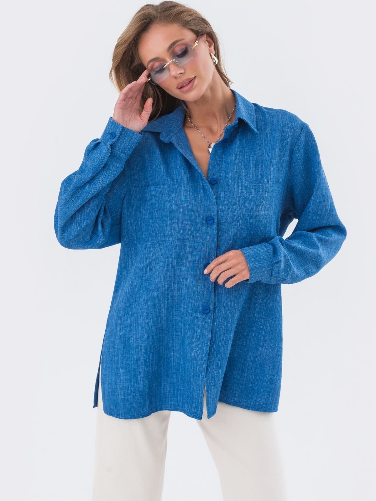 Подовжена сорочка вільного крою синя | 95409 Подовжена сорочка вільного крою синя | 95409