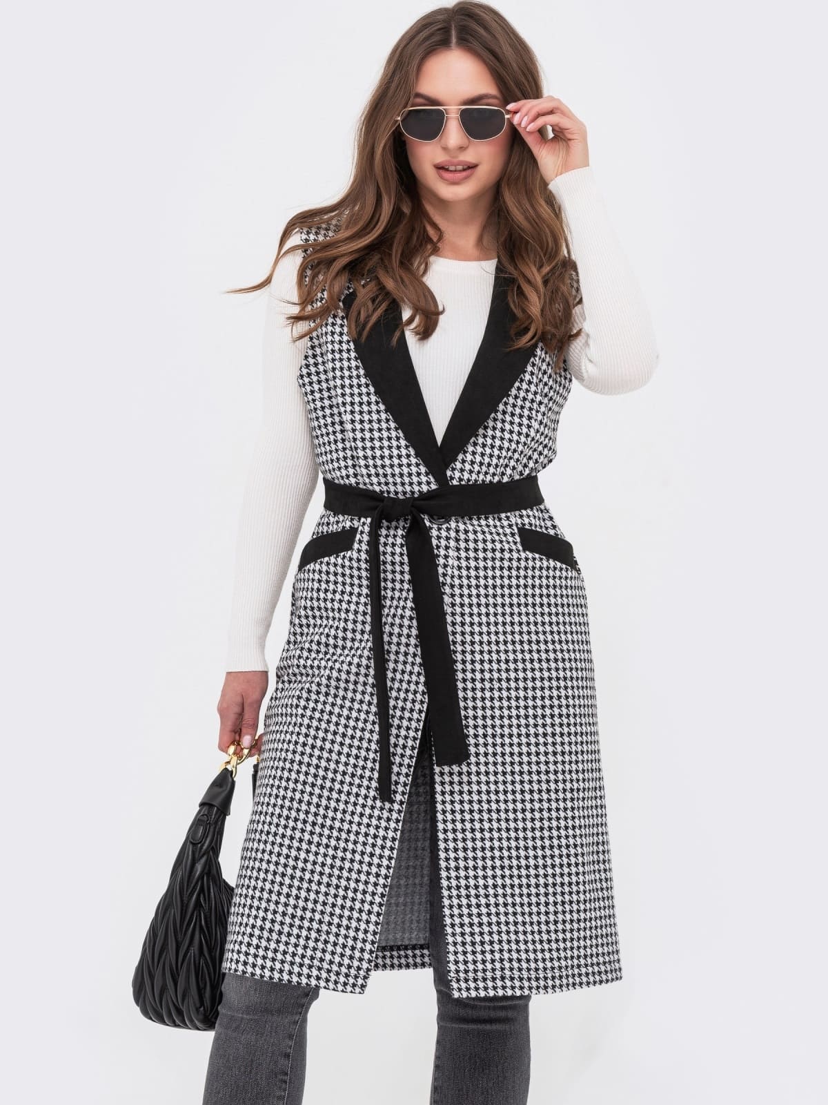 Жакардовий подовжений жилет чорно-білий | 94879 Жакардовий подовжений жилет чорно-білий | 94879