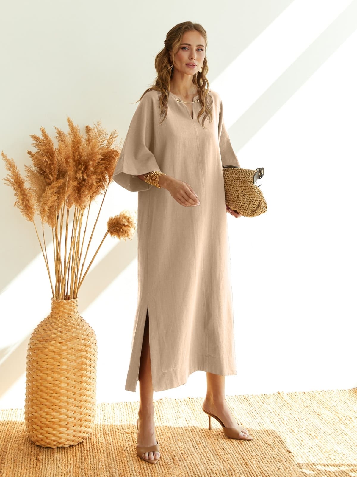 Бавовняна сукня вільного крою бежева | 95517 Бавовняна сукня вільного крою бежева | 95517
