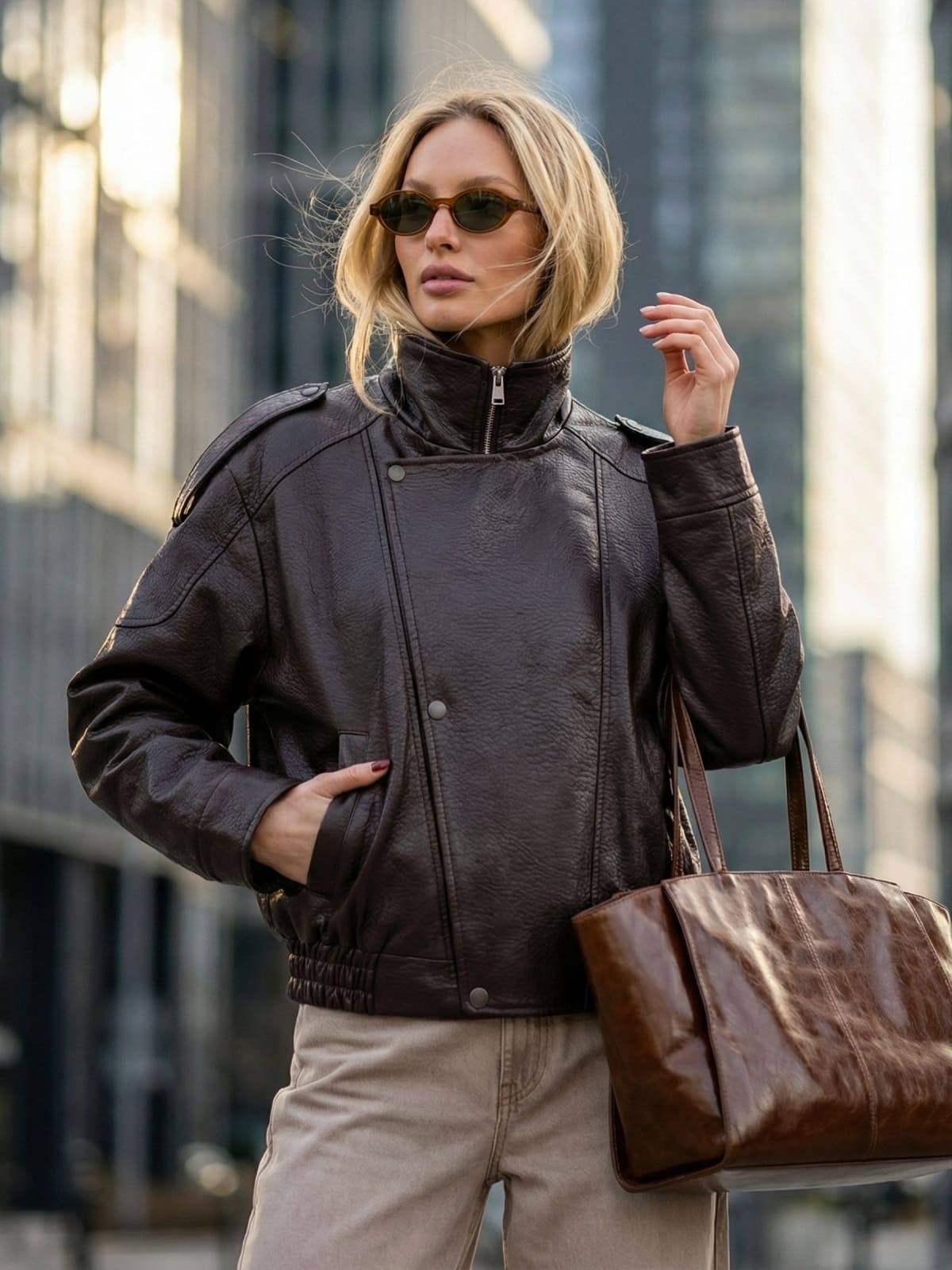 Куртка-авіатор з преміальної екошкіри коричнева | 95068 Куртка-авіатор з преміальної екошкіри коричнева | 95068