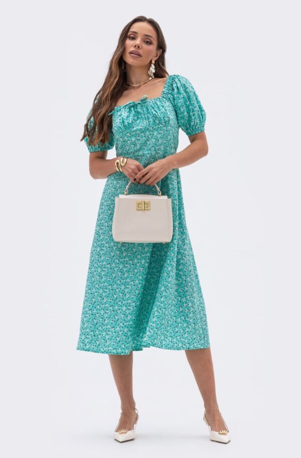 Принтована сукня з куліскою на ліфі бірюзова | 95238