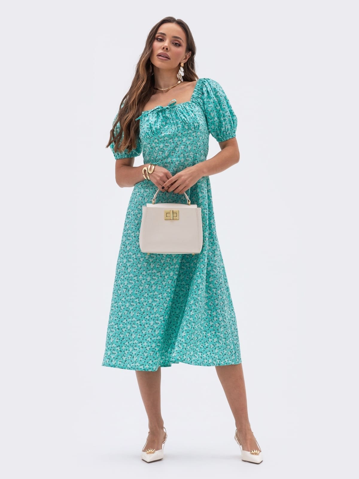 Принтована сукня з куліскою на ліфі бірюзова | 95238