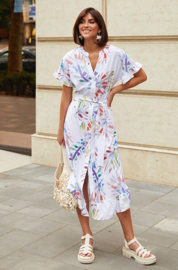 Принтована сукня з оборкою по низу біла | 95221