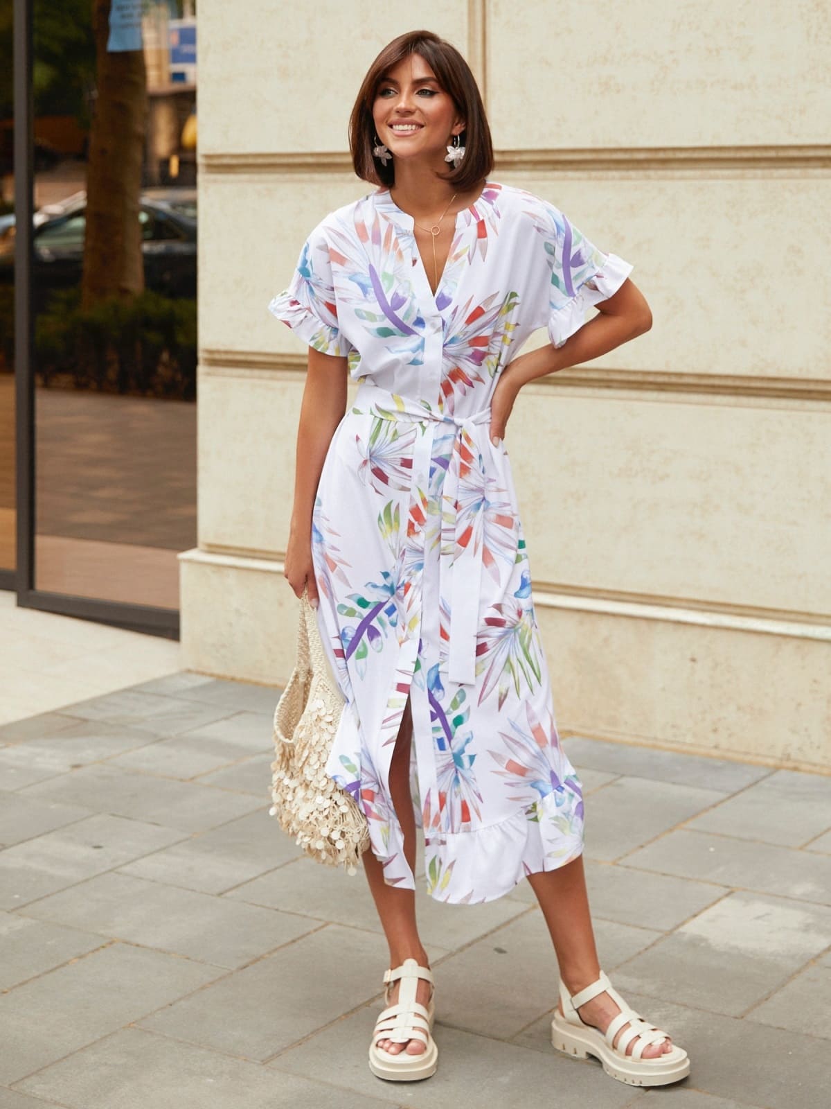 Принтована сукня з оборкою по низу біла | 95221 Принтована сукня з оборкою по низу біла | 95221