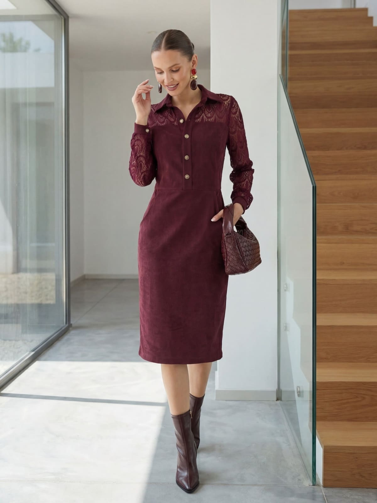 Сукня з екозамші футляр з мереживом бордова | 95260 Сукня з екозамші футляр з мереживом бордова | 95260