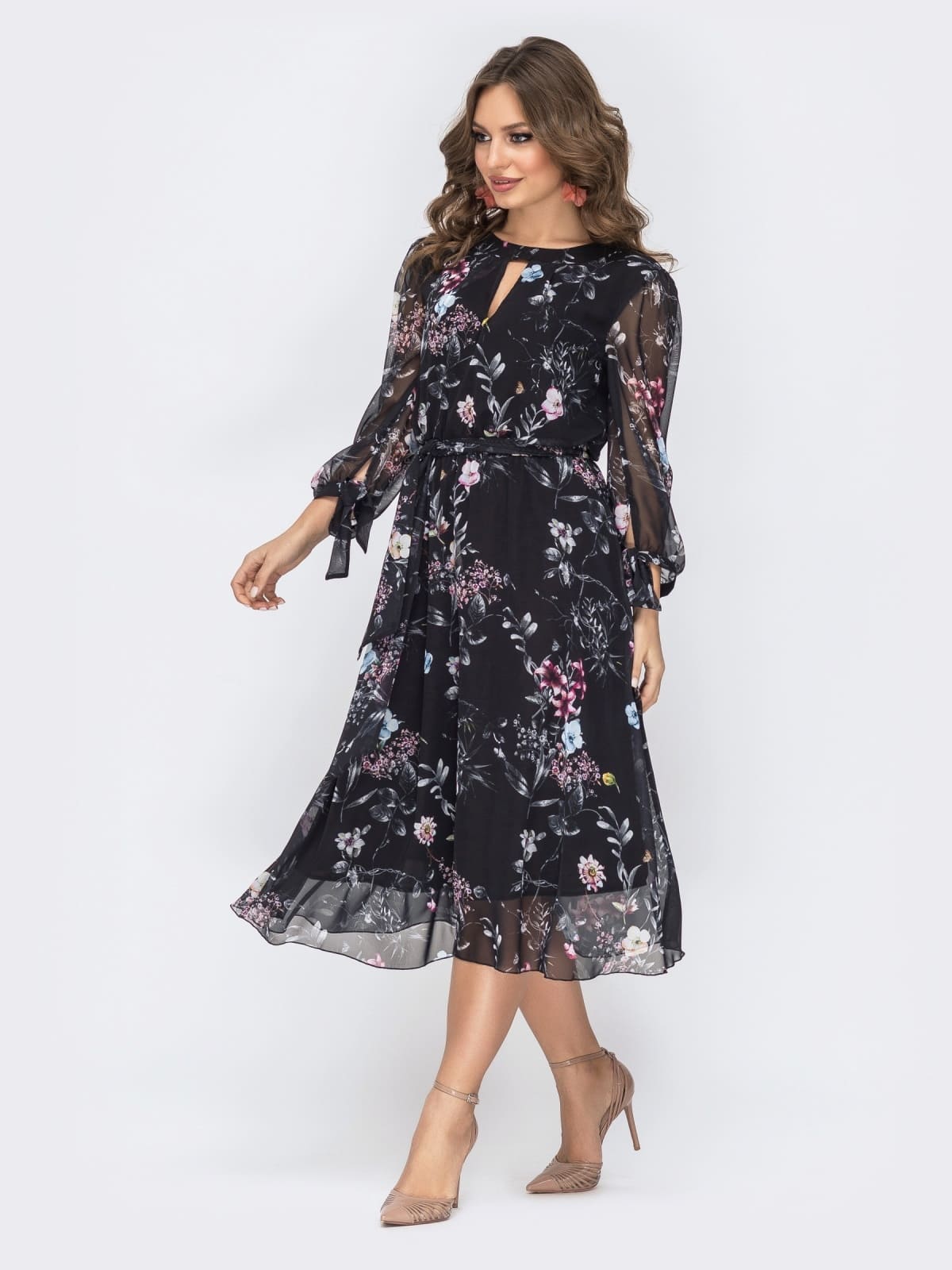 Шифонова розкльошена чорна сукня в принт | 94926 Шифонова розкльошена чорна сукня в принт | 94926