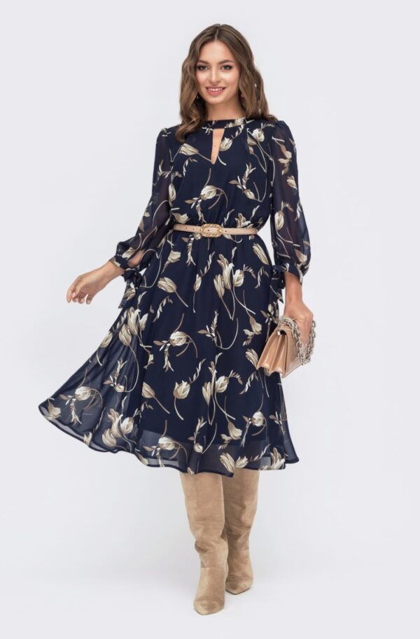 Шифонова розкльошена сукня темно-синя в принт | 94963