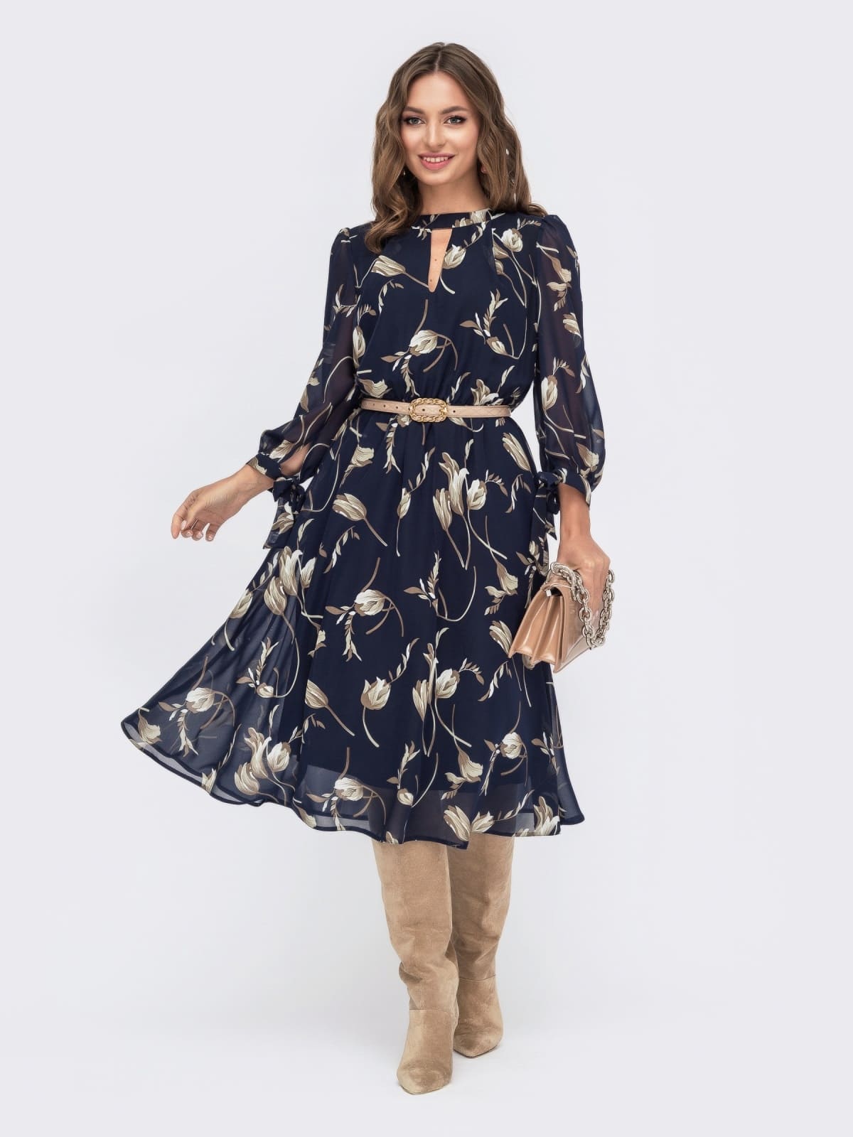 Шифонова розкльошена сукня темно-синя в принт | 94963 Шифонова розкльошена сукня темно-синя в принт | 94963