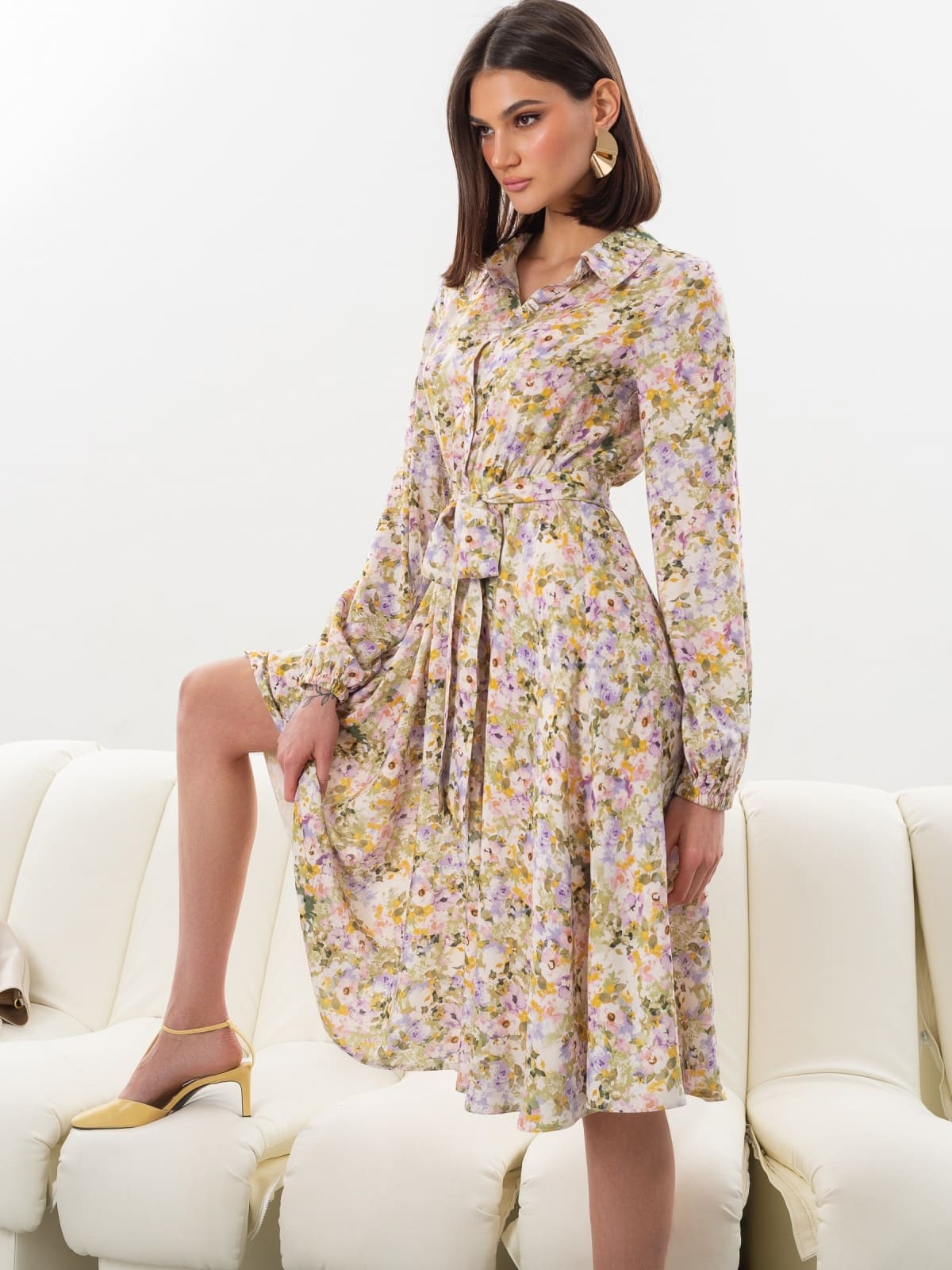 Літня сукня кльош з квітковим принтом хакі | 95201 Літня сукня кльош з квітковим принтом хакі | 95201