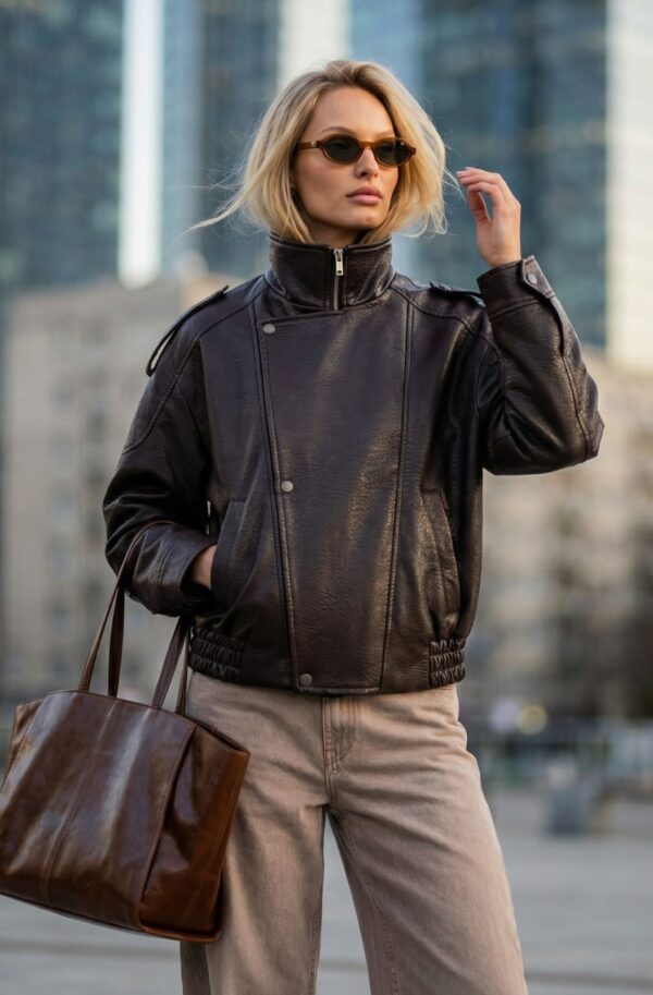 Куртка-авіатор з преміальної екошкіри коричнева | 95068