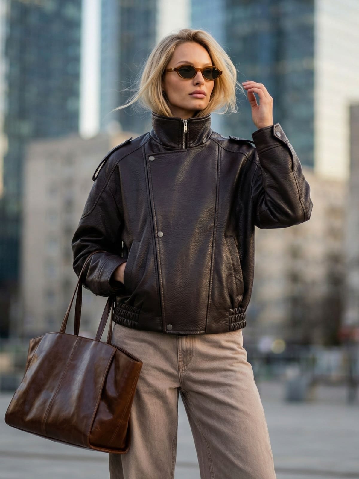 Куртка-авіатор з преміальної екошкіри коричнева | 95068 Куртка-авіатор з преміальної екошкіри коричнева | 95068