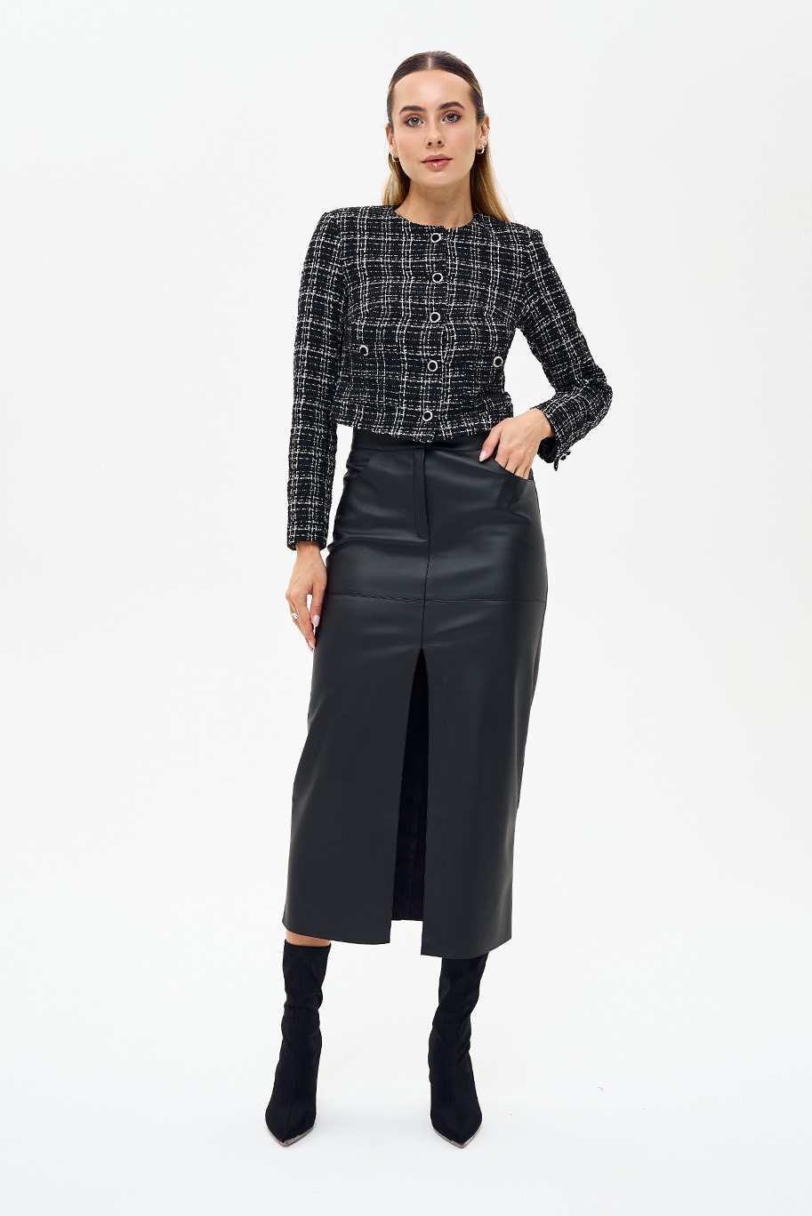 Короткий жакет букле в клітинку темно-сірий | 94824 Короткий жакет букле в клітинку темно-сірий | 94824