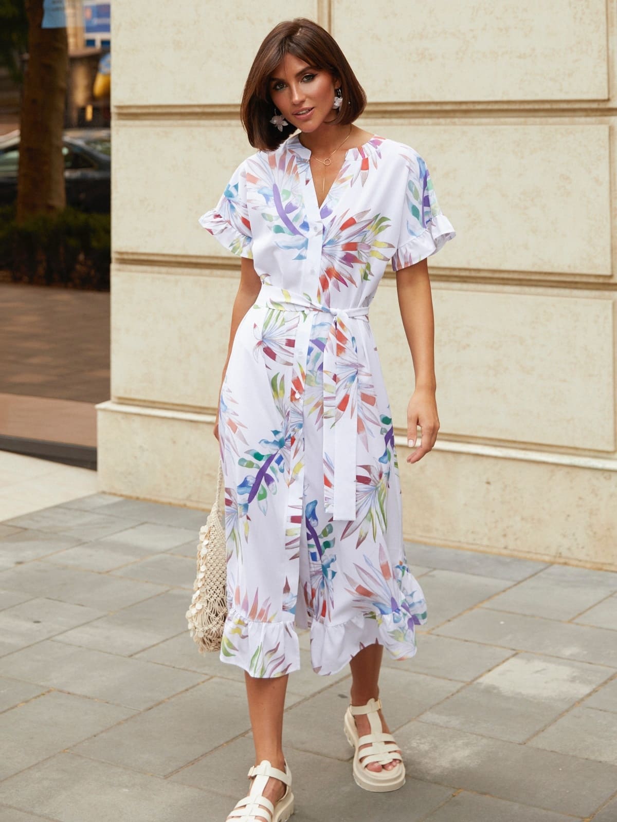 Принтована сукня з оборкою по низу біла | 95221 Принтована сукня з оборкою по низу біла | 95221