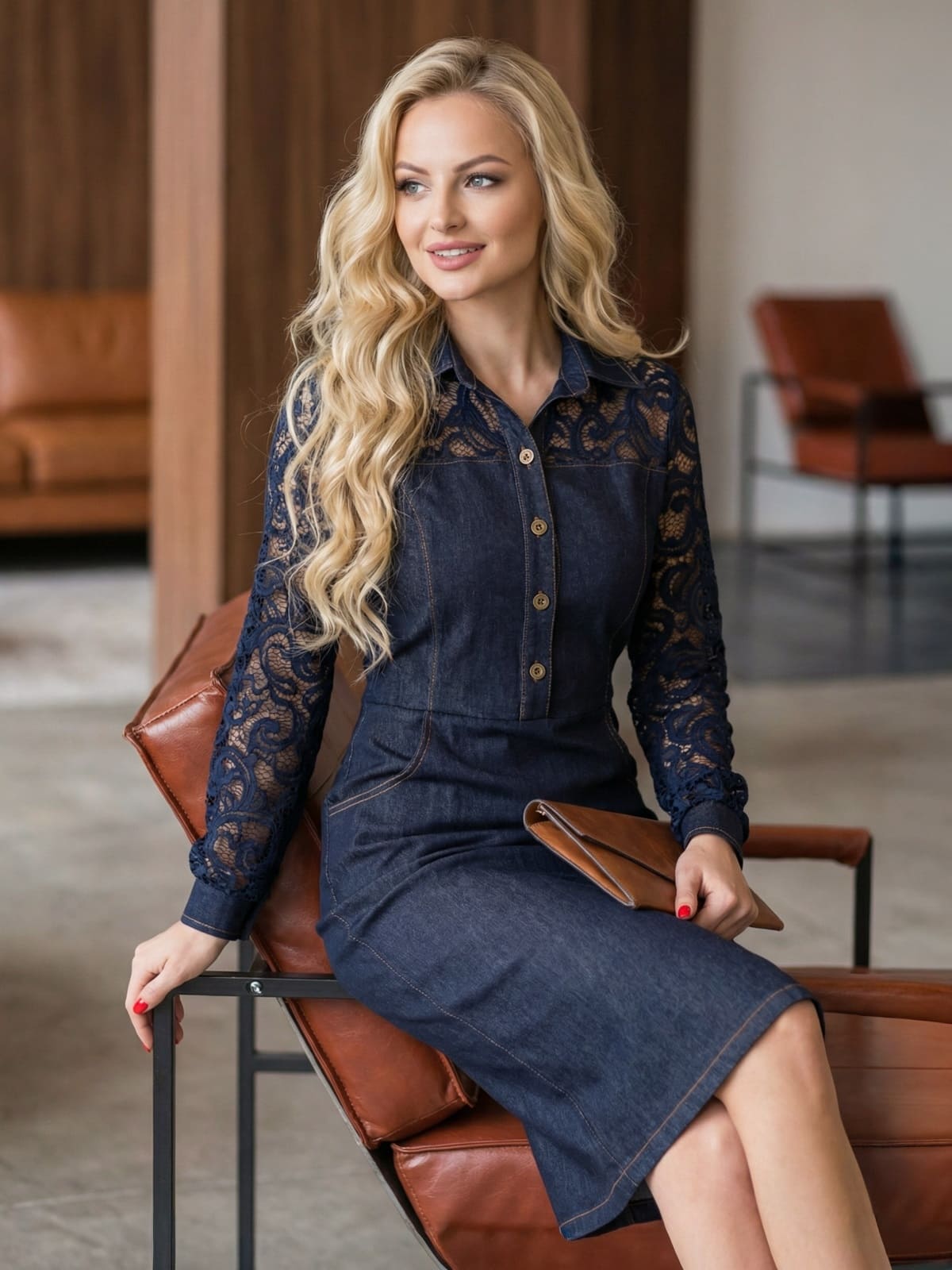 Джинсова сукня футляр з мереживом темно-синя | 95247 Джинсова сукня футляр з мереживом темно-синя | 95247