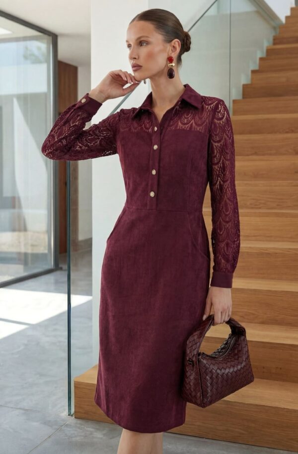 Сукня з екозамші футляр з мереживом бордова | 95260