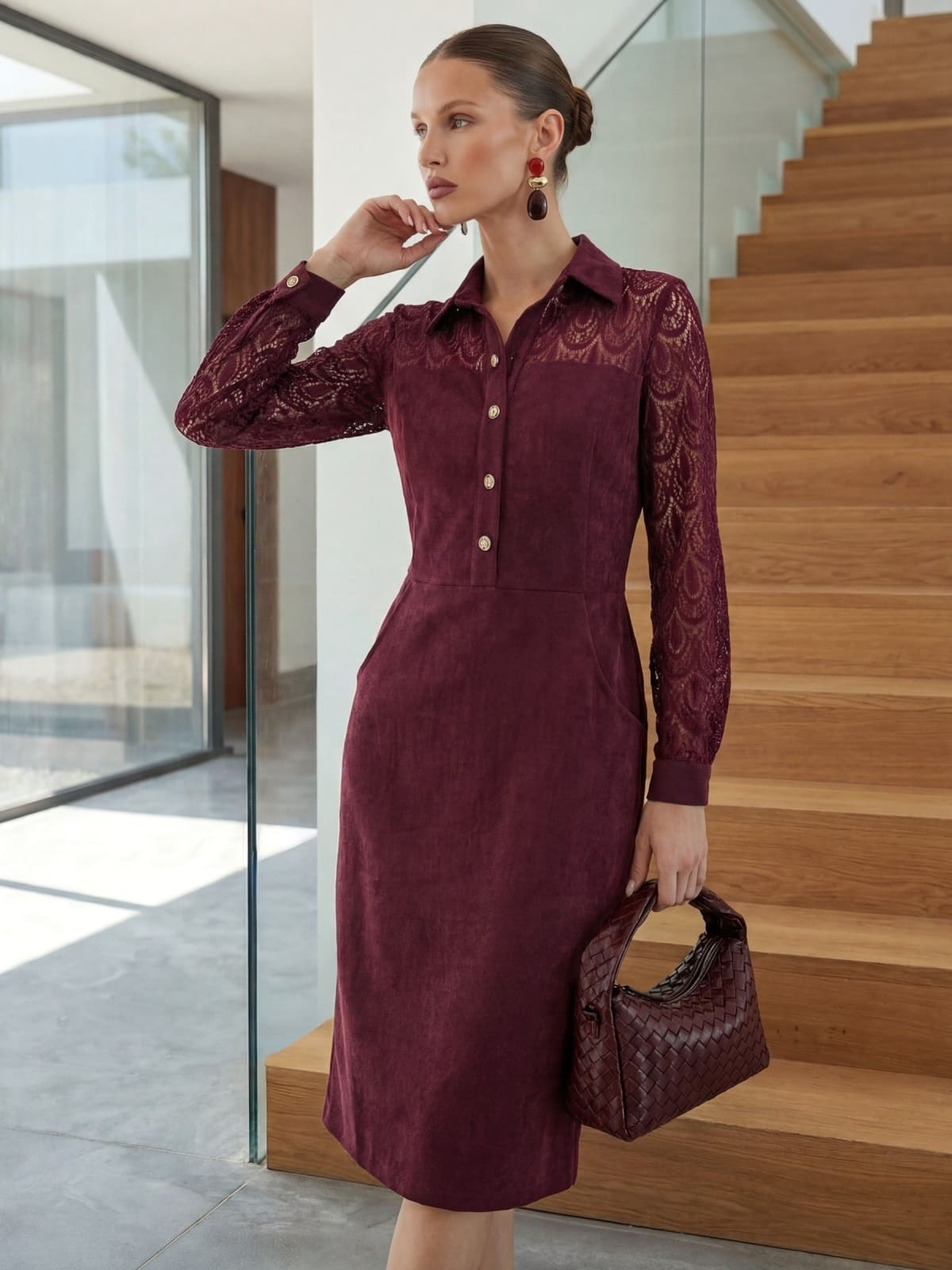 Сукня з екозамші футляр з мереживом бордова | 95260 Сукня з екозамші футляр з мереживом бордова | 95260