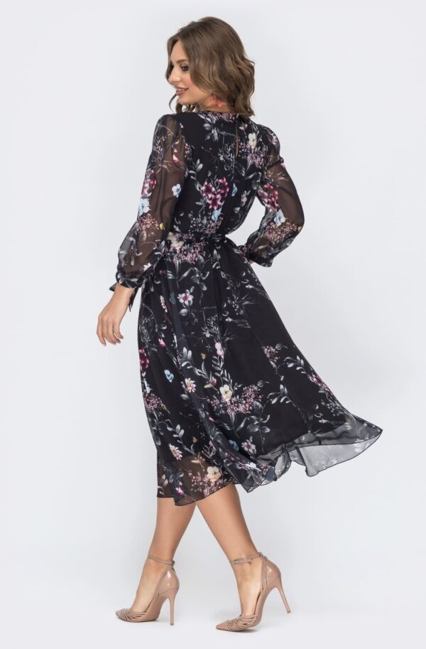 Шифонова розкльошена чорна сукня в принт | 94926