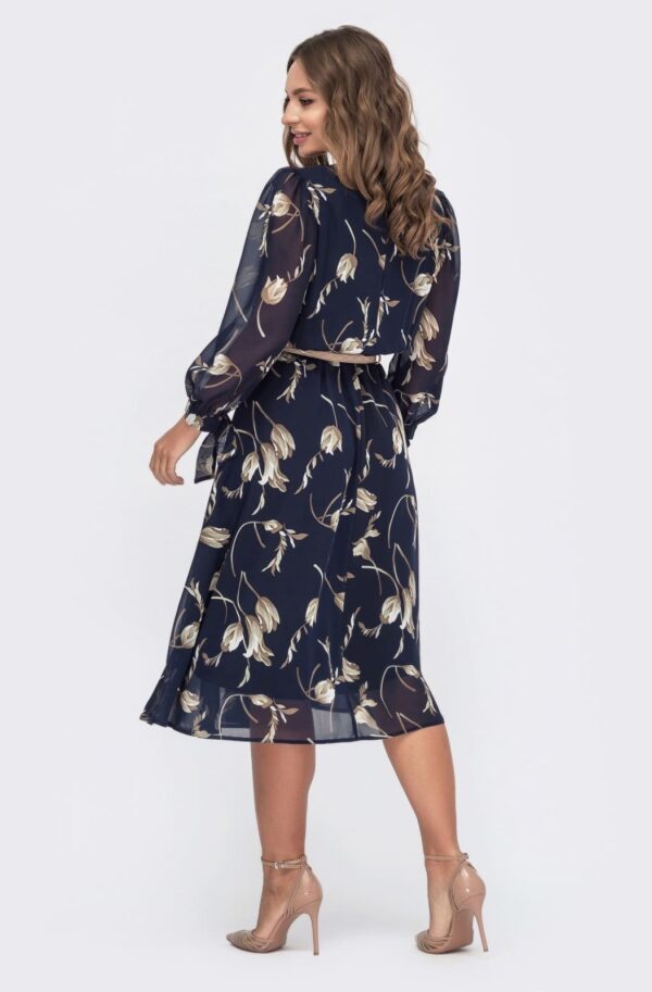 Шифонова розкльошена сукня темно-синя в принт | 94963