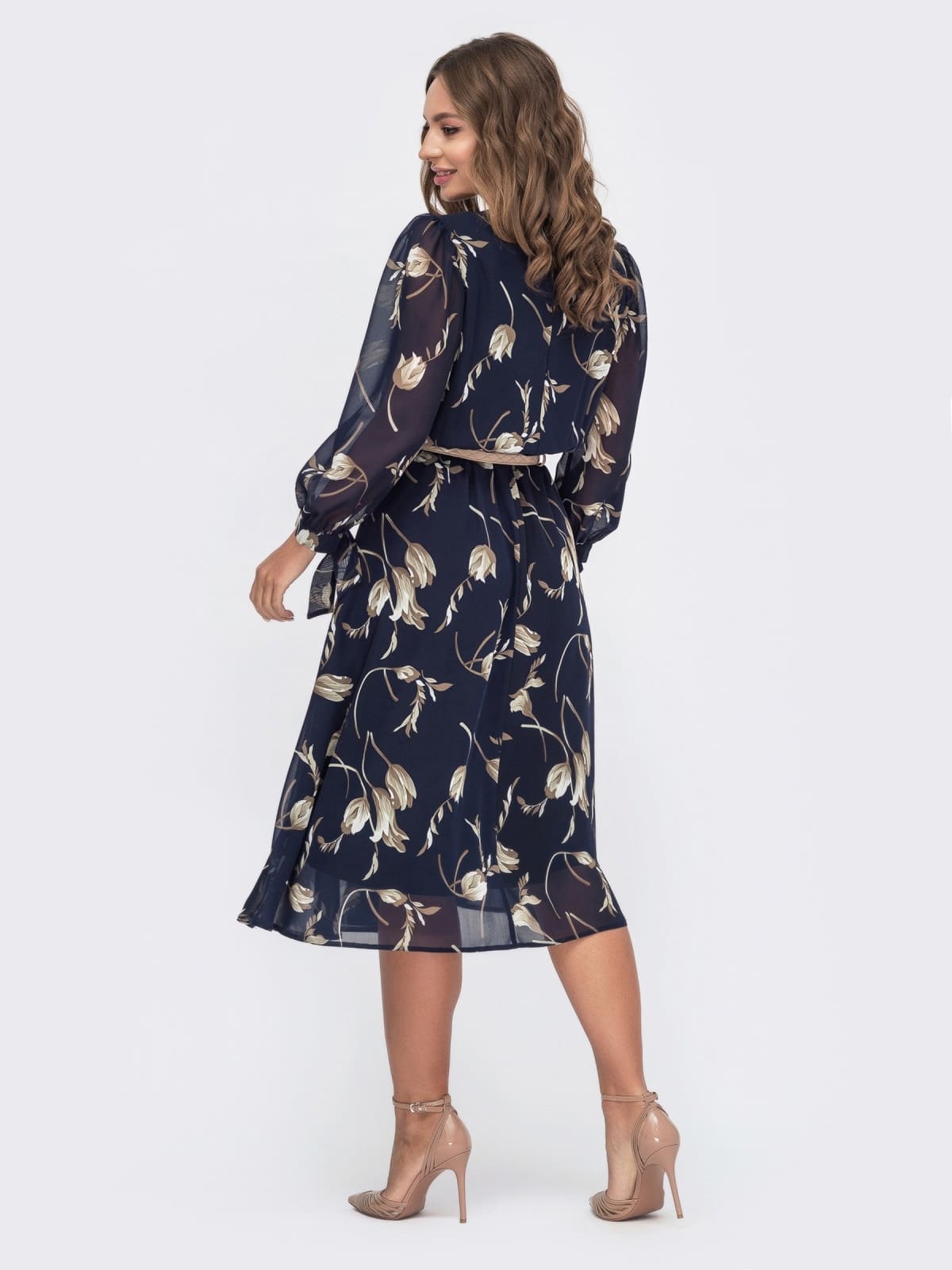Шифонова розкльошена сукня темно-синя в принт | 94963 Шифонова розкльошена сукня темно-синя в принт | 94963