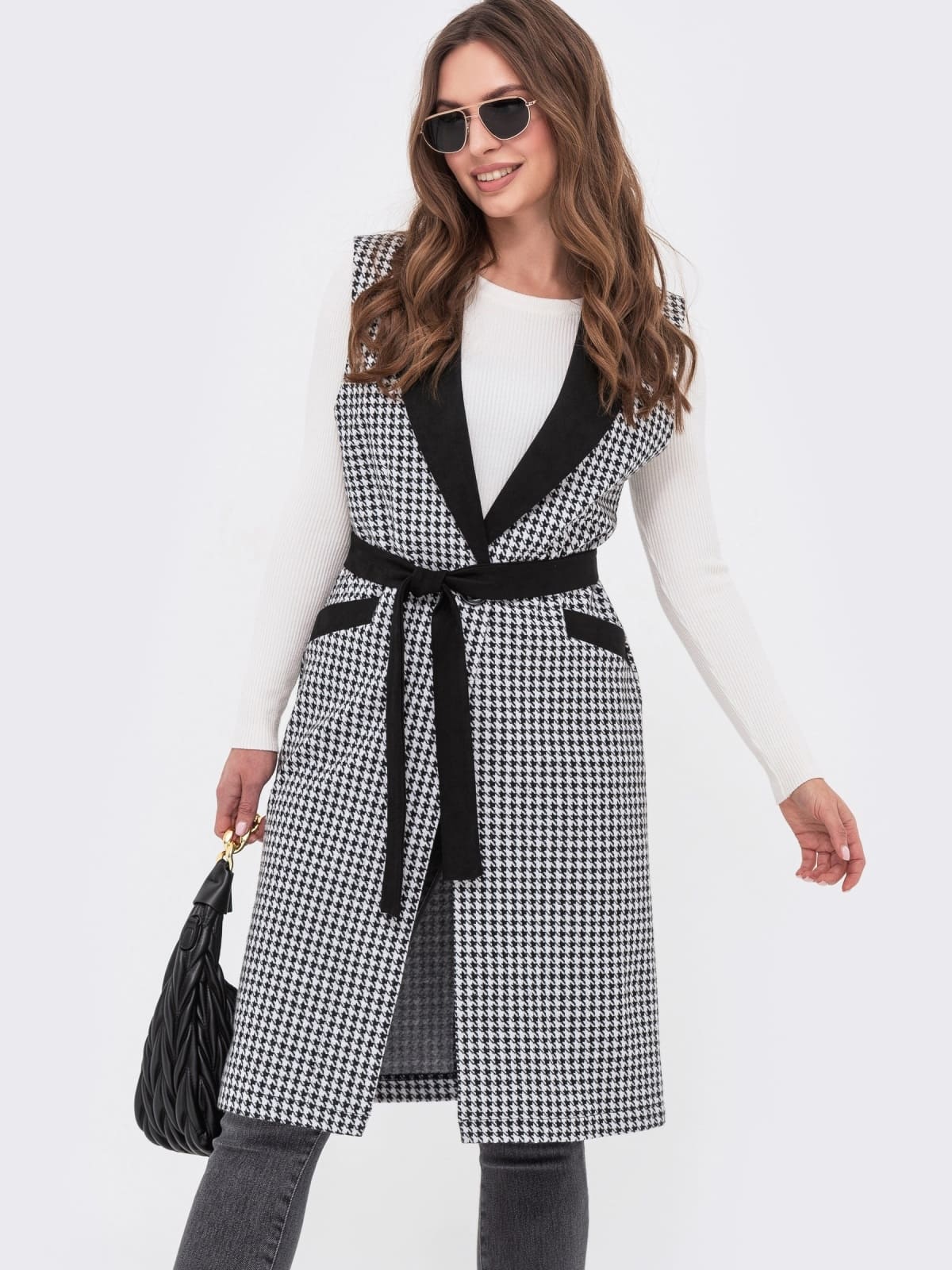 Жакардовий подовжений жилет чорно-білий | 94879 Жакардовий подовжений жилет чорно-білий | 94879