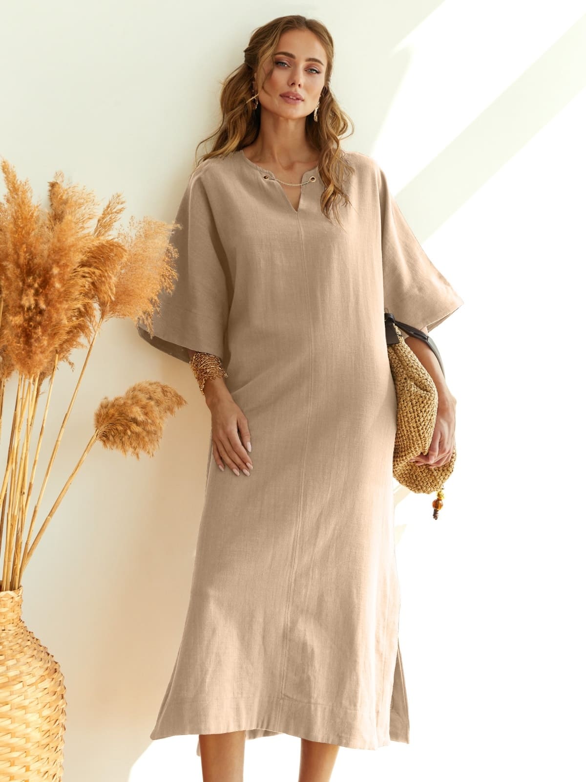 Бавовняна сукня вільного крою бежева | 95517 Бавовняна сукня вільного крою бежева | 95517