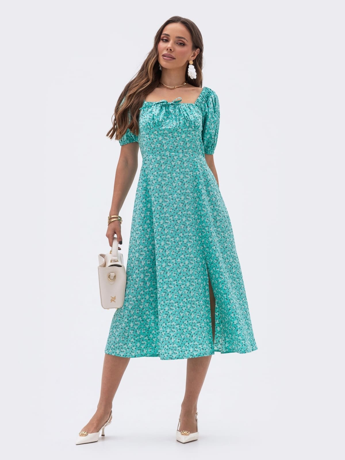 Принтована сукня з куліскою на ліфі бірюзова | 95238