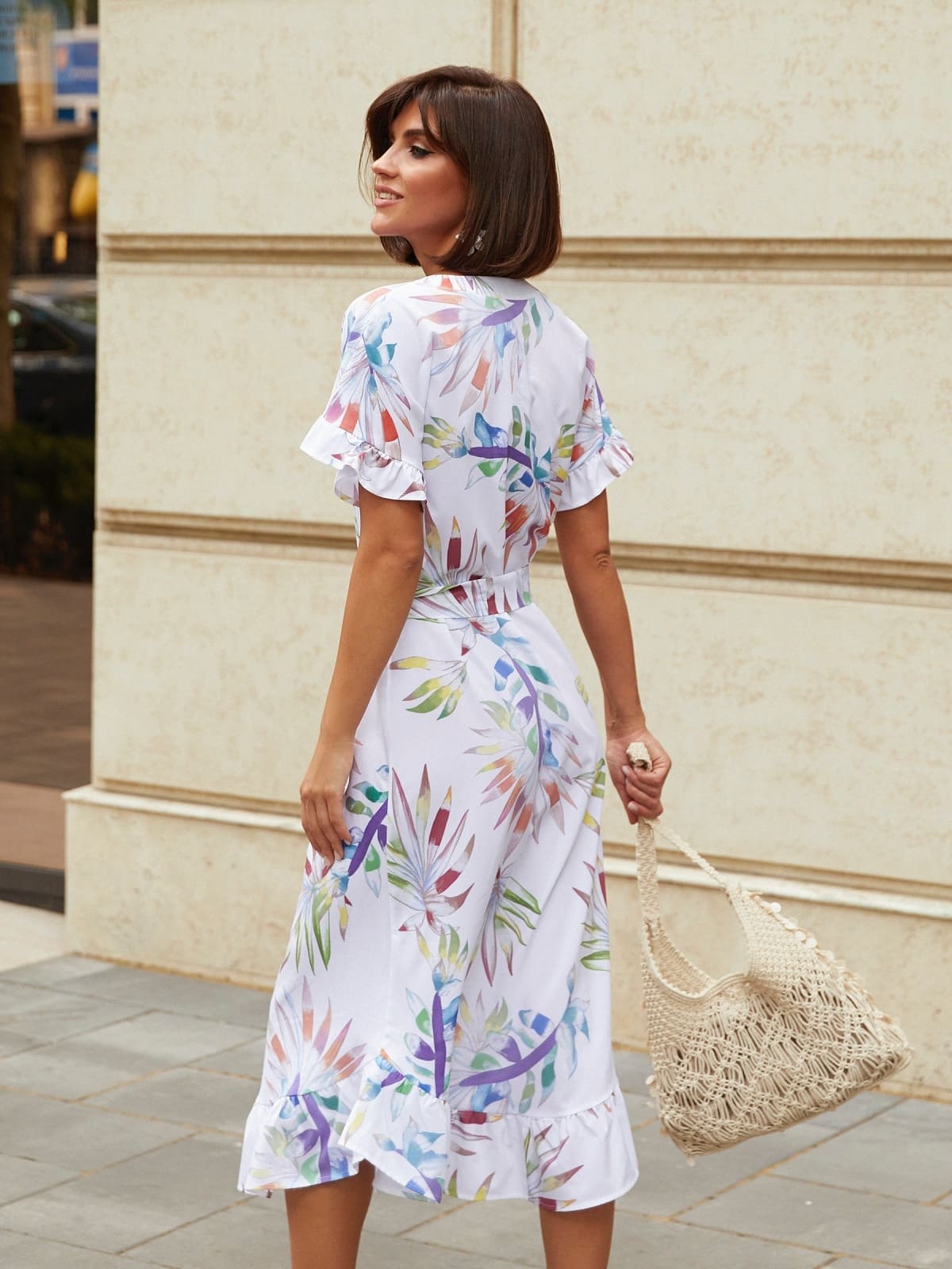 Принтована сукня з оборкою по низу біла | 95221 Принтована сукня з оборкою по низу біла | 95221