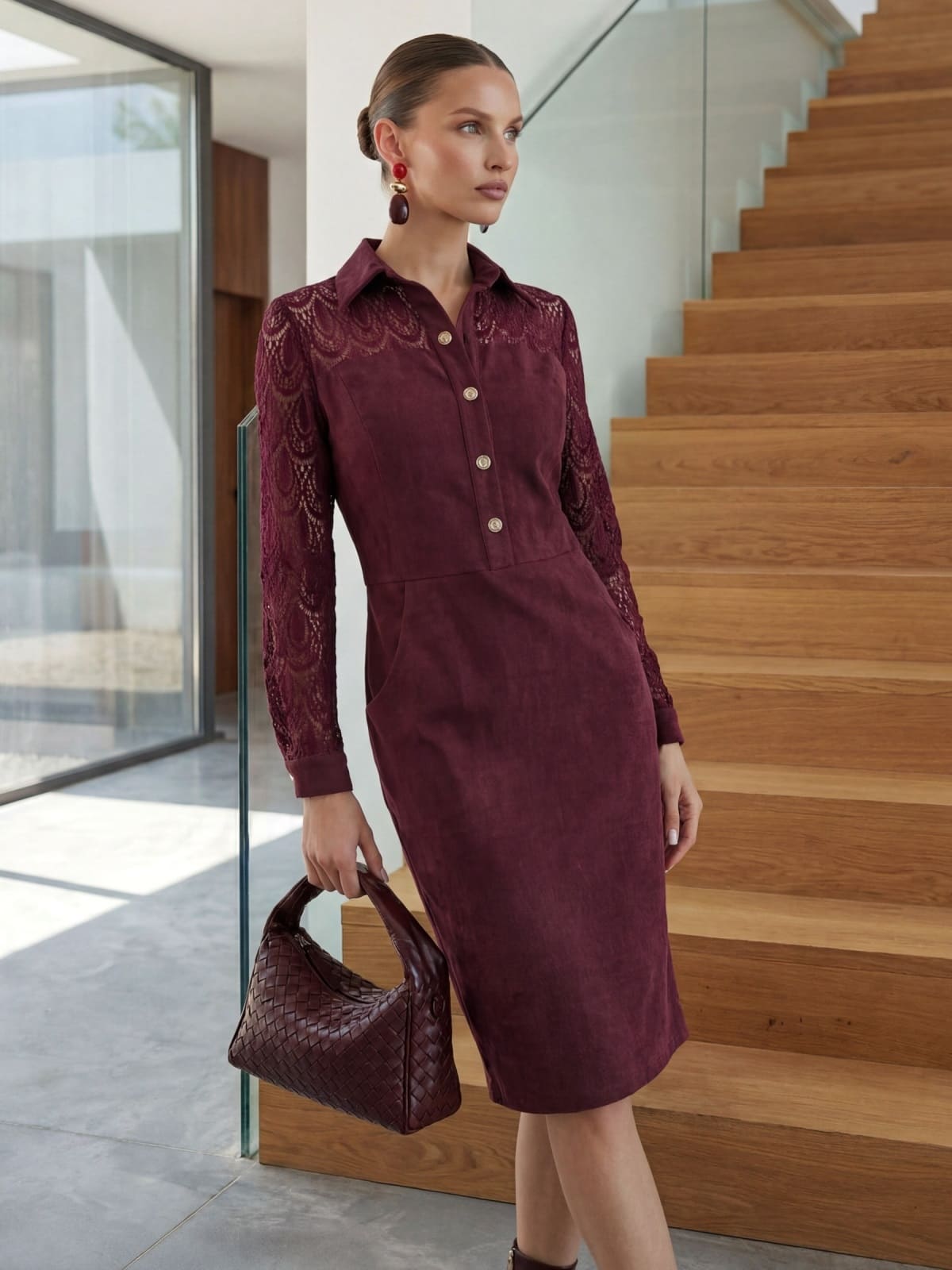 Сукня з екозамші футляр з мереживом бордова | 95260 Сукня з екозамші футляр з мереживом бордова | 95260