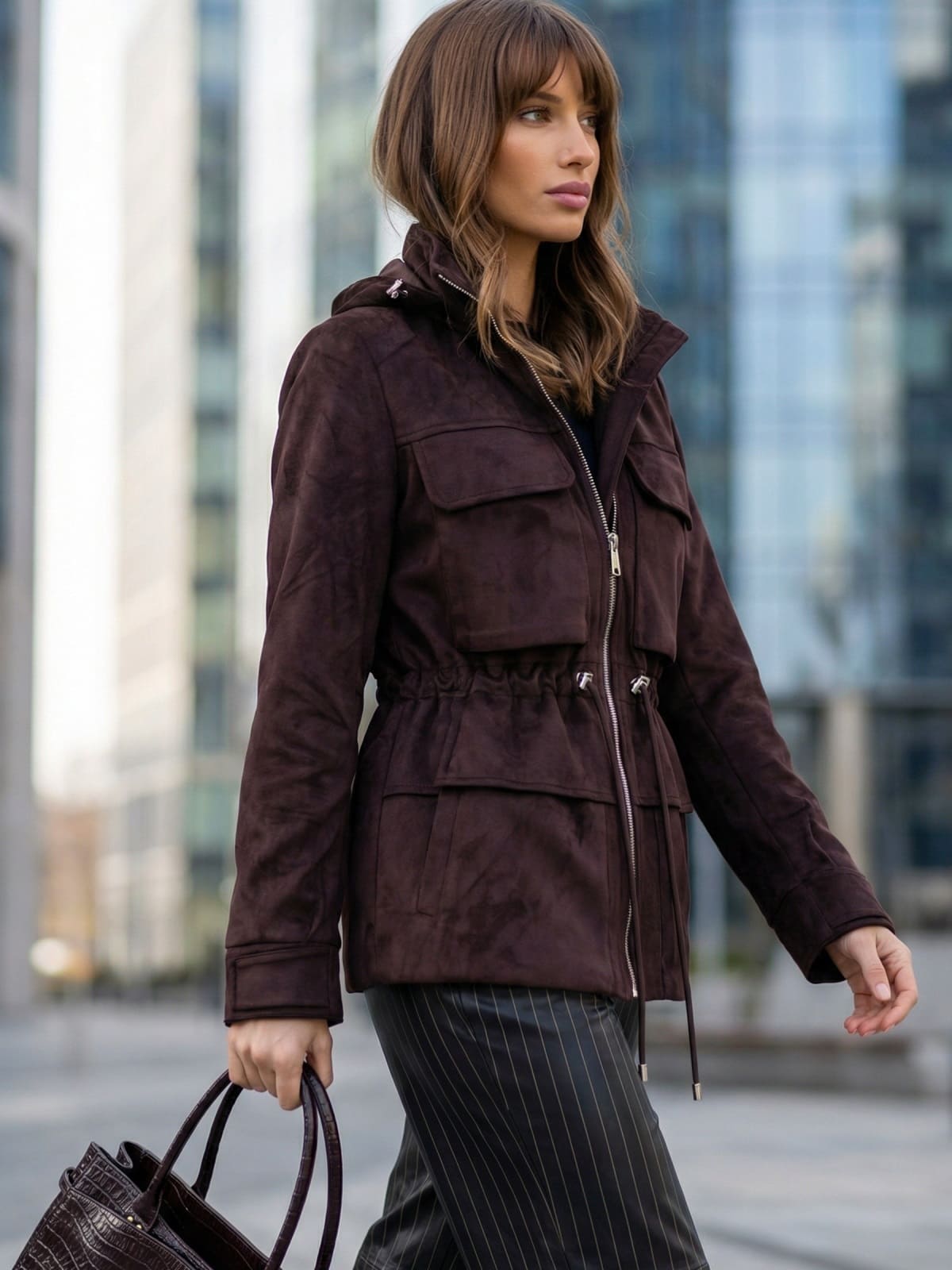 Демісезонна парка з екозамші темно-коричнева | 95122