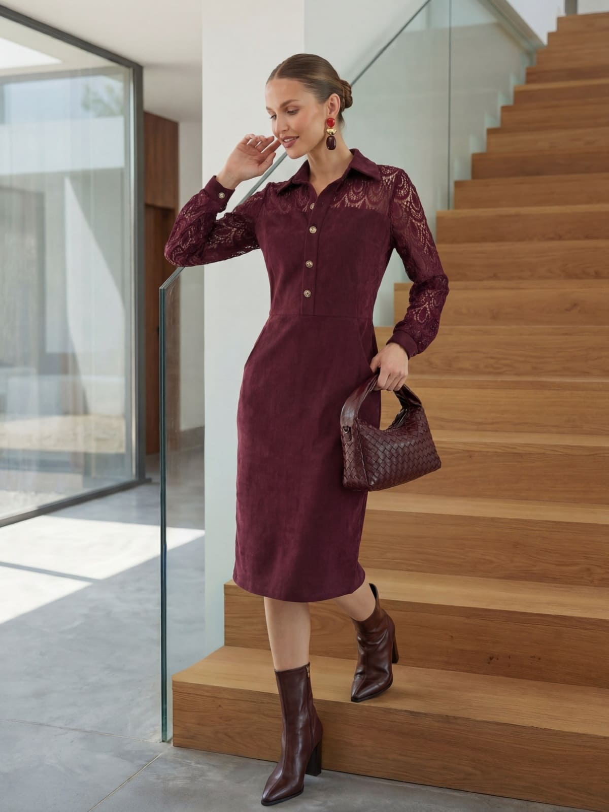 Сукня з екозамші футляр з мереживом бордова | 95260 Сукня з екозамші футляр з мереживом бордова | 95260