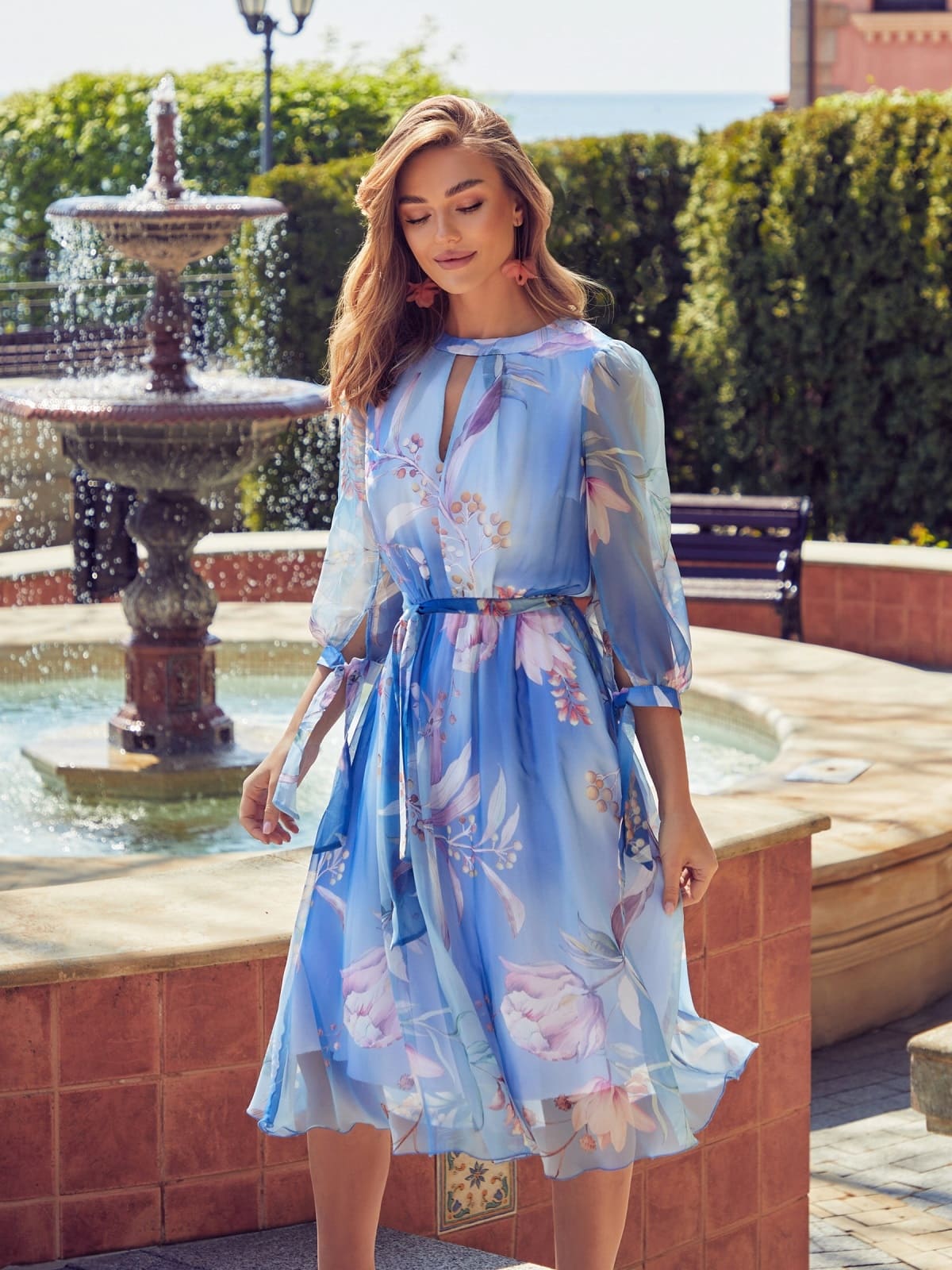 Шифонова розкльошена сукня блакитна в принт | 94973