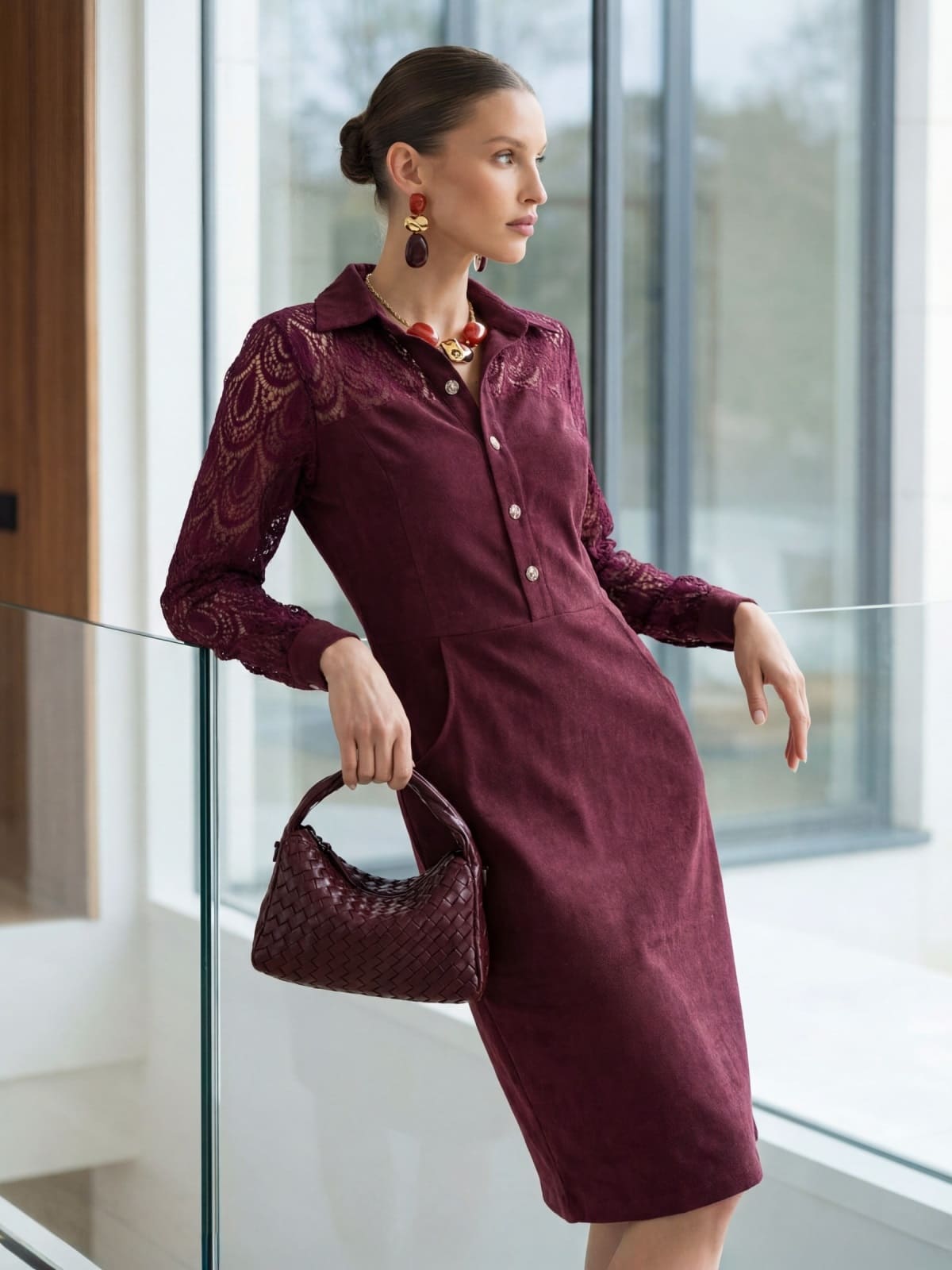 Сукня з екозамші футляр з мереживом бордова | 95260 Сукня з екозамші футляр з мереживом бордова | 95260
