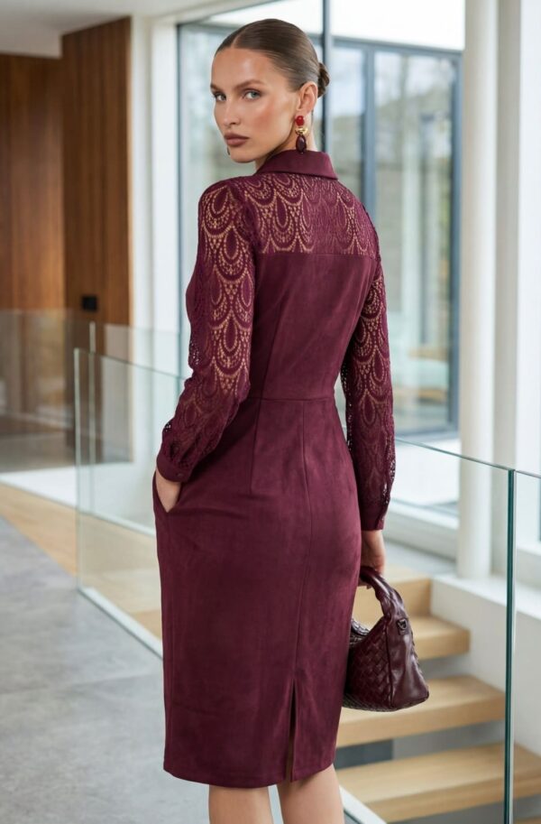 Сукня з екозамші футляр з мереживом бордова | 95260