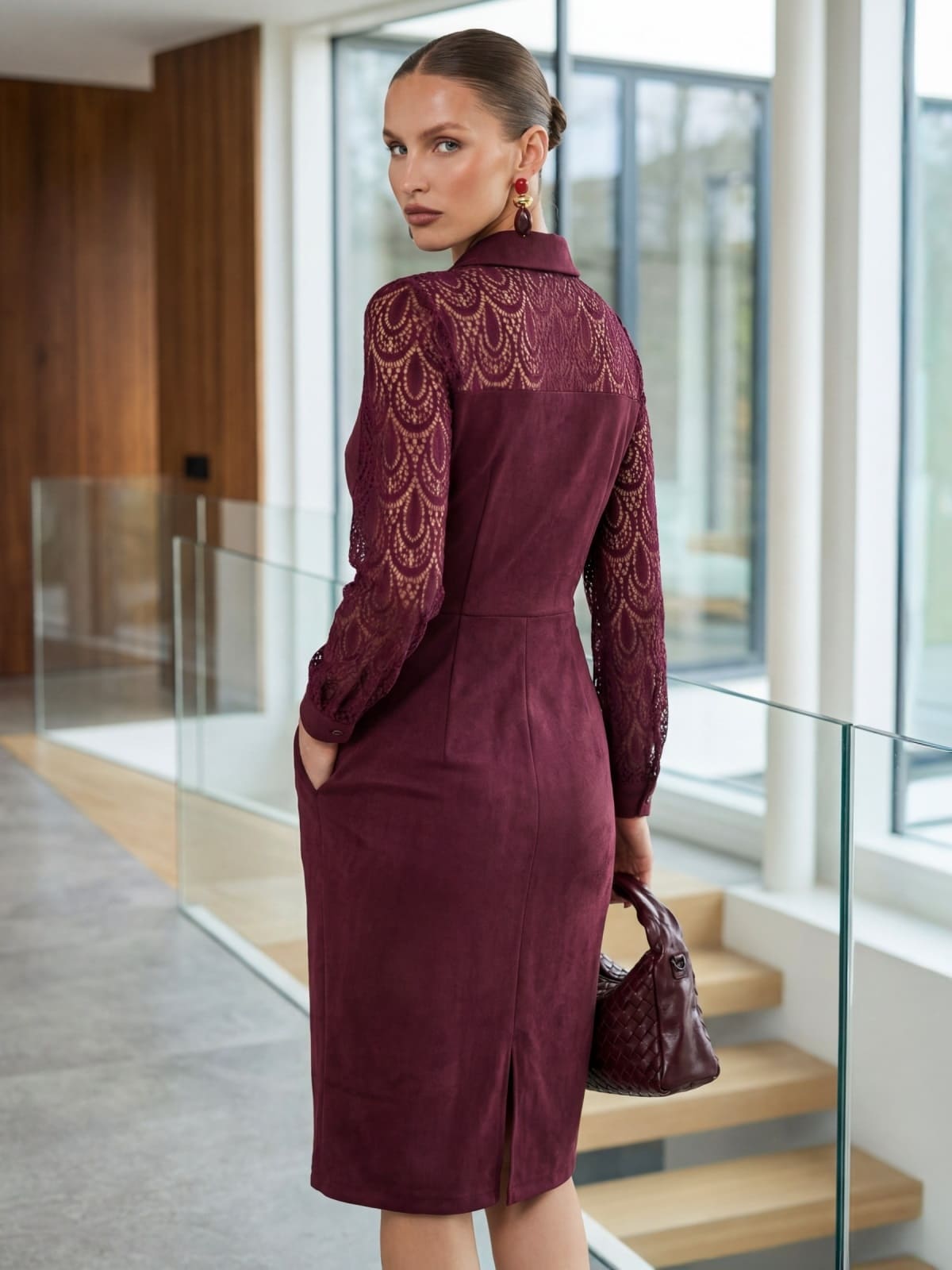 Сукня з екозамші футляр з мереживом бордова | 95260 Сукня з екозамші футляр з мереживом бордова | 95260