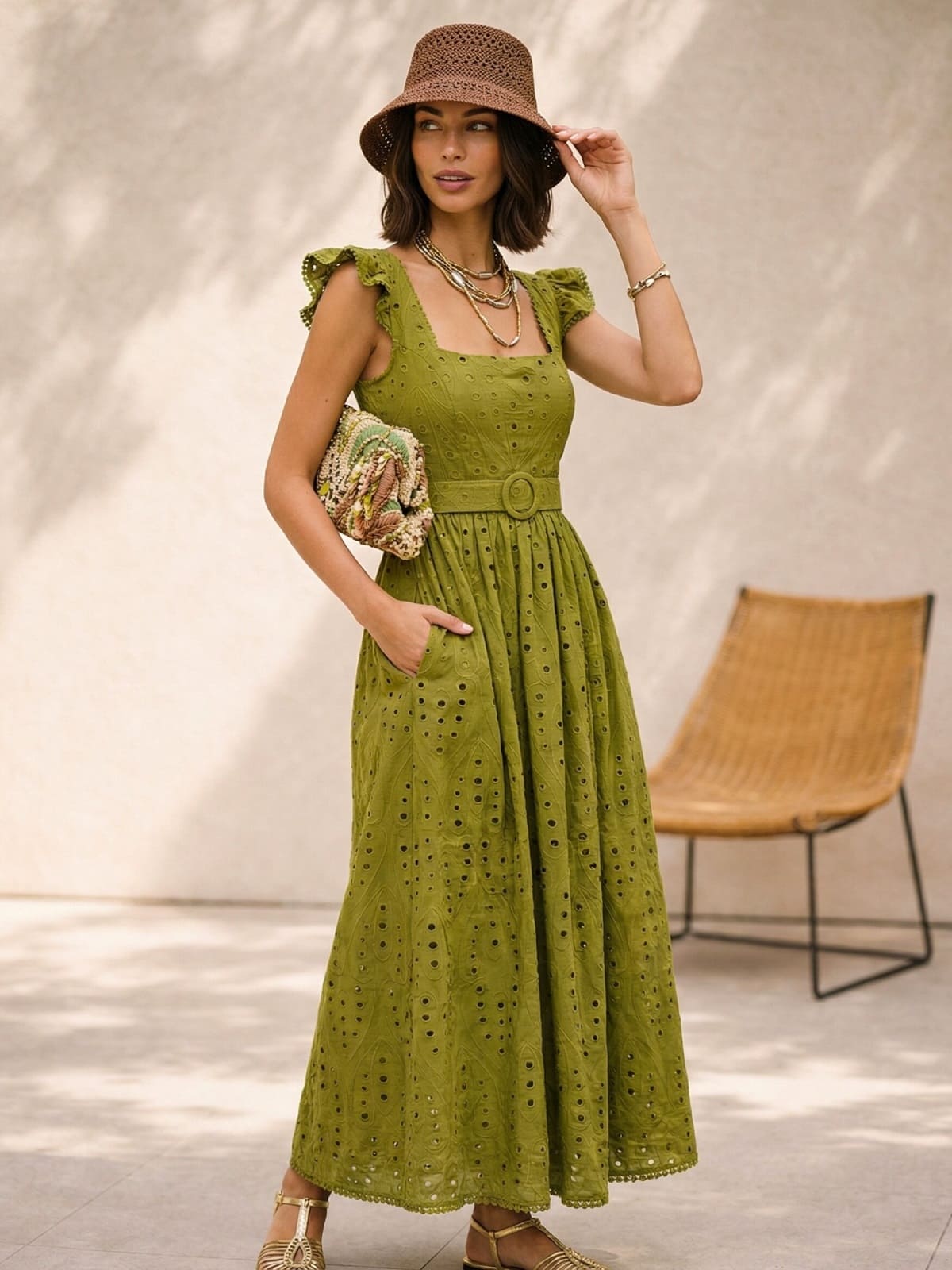 Літня сукня з прошви кольору хакі | 95996 Літня сукня з прошви кольору хакі | 95996