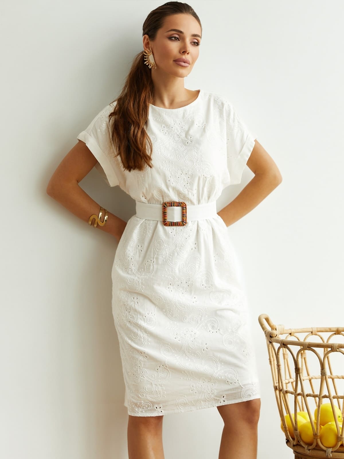 Літня сукня з прошви прямого крою молочна | 96441