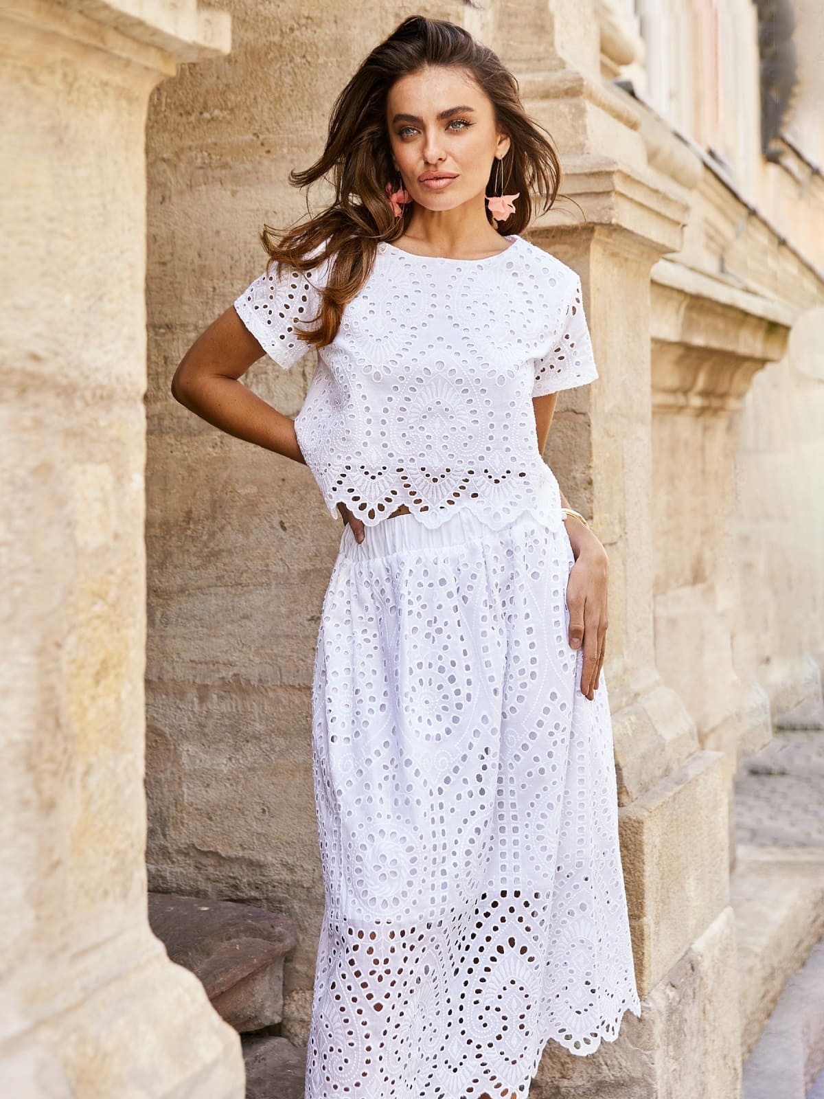 Костюм-двійка з прошви зі спідницею білий | 96357