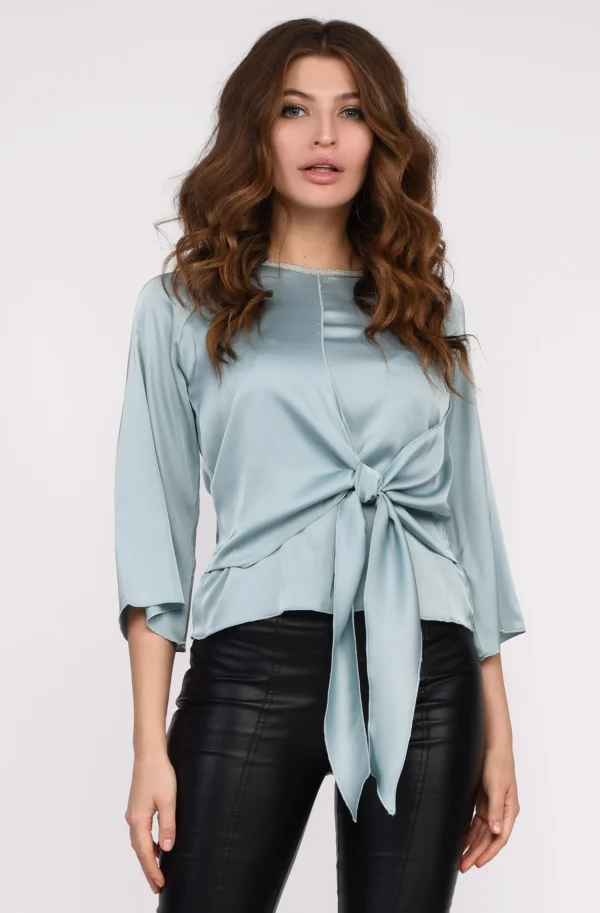 Шовкова блузка із зав'язкою м'ятна | 96476