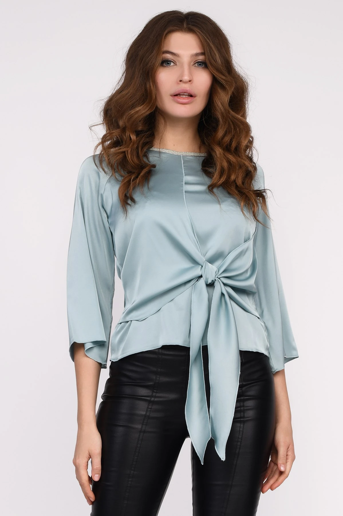 Шовкова блузка із зав'язкою м'ятна | 96476