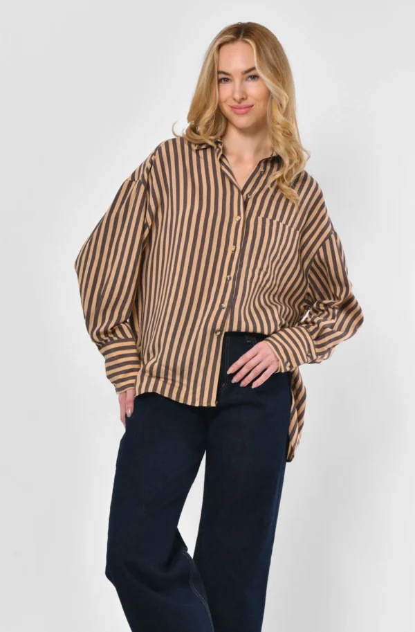 Жіноча сорочка у вертикальну смужку бежева | 95861