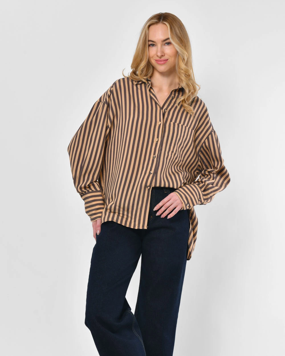 Жіноча сорочка у вертикальну смужку бежева | 95861