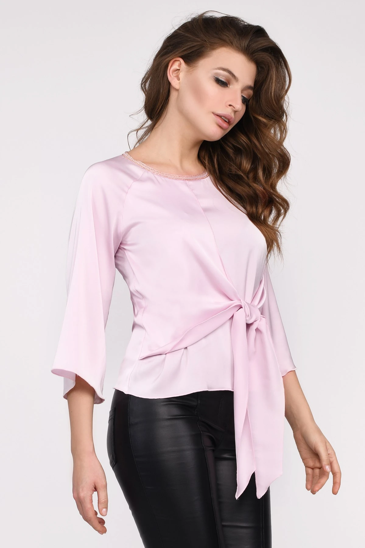 Шовкова блузка із зав'язкою рожева | 96467