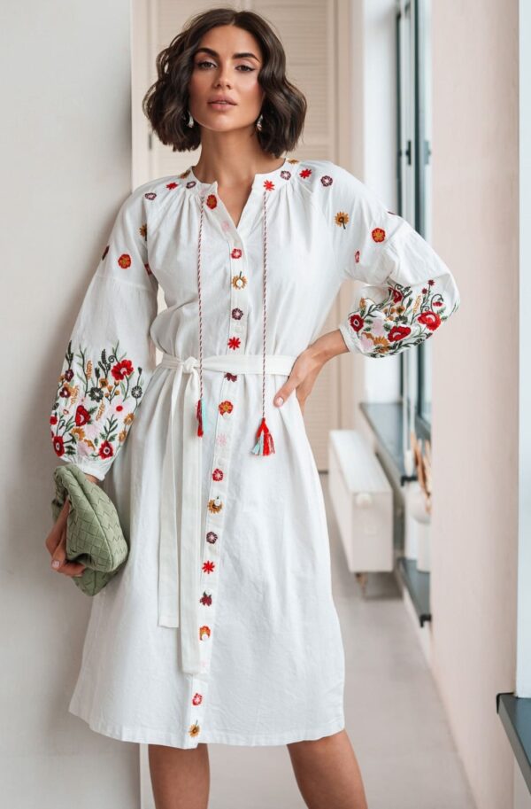 Літня бавовняна сукня-вишиванка молочна | 95939