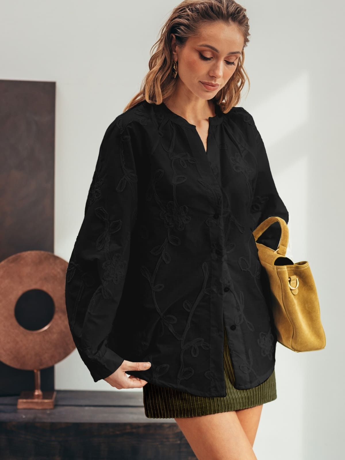 Бавовняна сорочка з декором-візерунком чорна | 95835